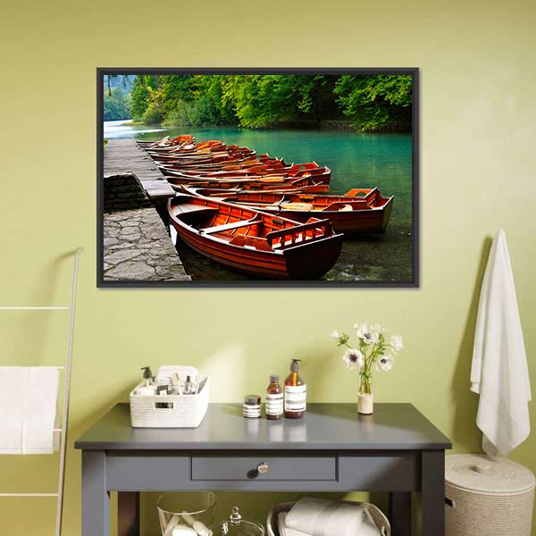 Boats In Green Lake Canvas Wall Art-5 Horizontal-Gallery Wrap-22" x 12"-Tiaracle