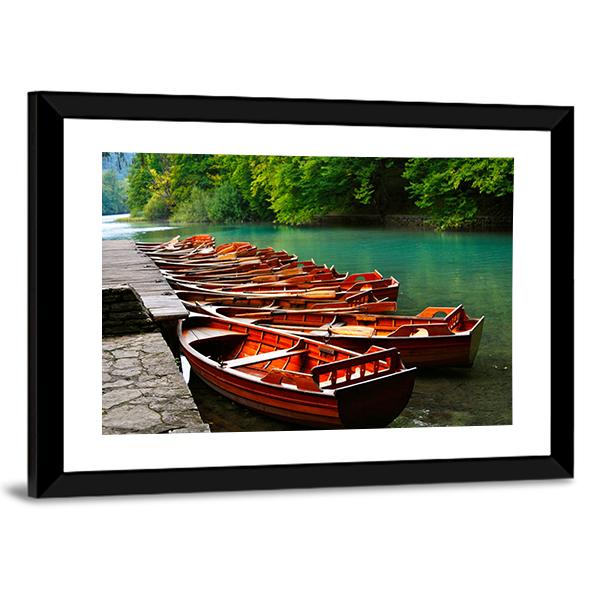 Boats In Green Lake Canvas Wall Art-5 Horizontal-Gallery Wrap-22" x 12"-Tiaracle