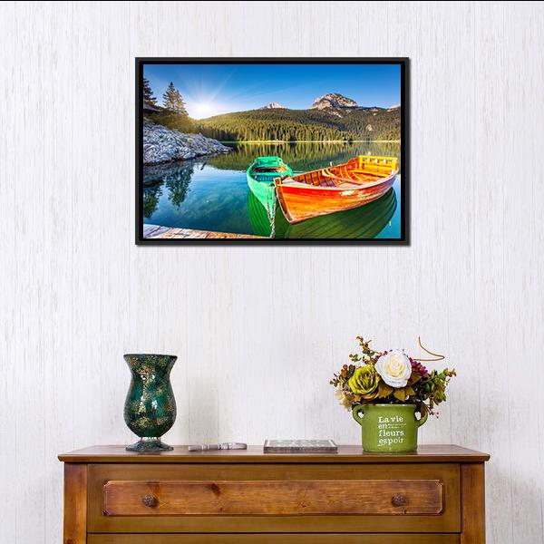 Boats In Lake Durmitor Canvas Wall Art-1 Piece-Floating Frame-24" x 16"-Tiaracle