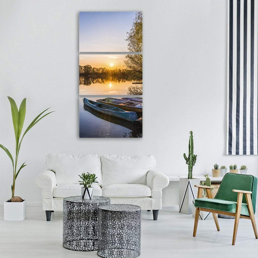 Boats In Lake Water At Sunset Vertical Canvas Wall Art-3 Vertical-Gallery Wrap-12" x 25"-Tiaracle