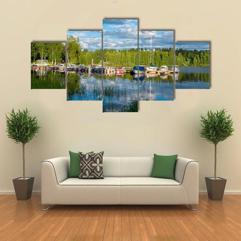 Boats On Lake In Jyvaskyla Canvas Wall Art-5 Star-Gallery Wrap-62" x 32"-Tiaracle