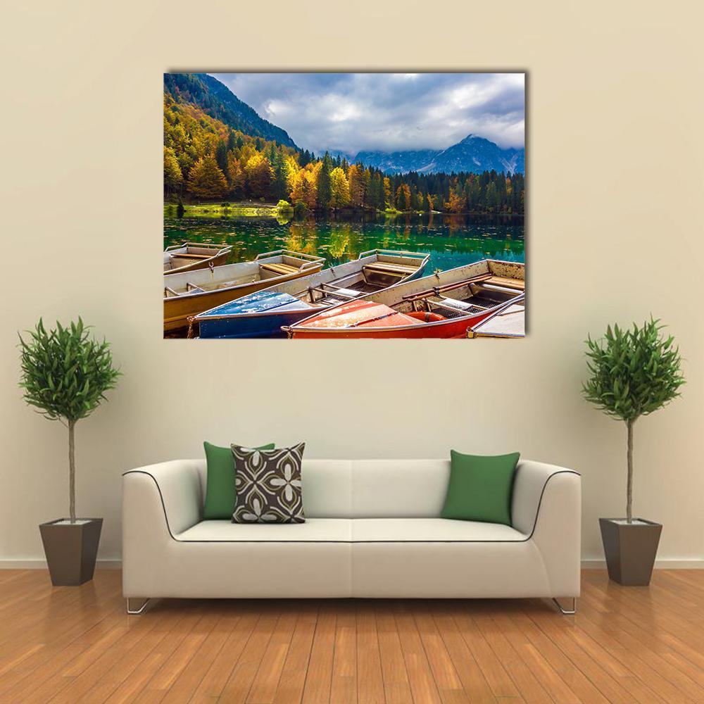 Boats On Lago De Fusine Canvas Wall Art-1 Piece-Gallery Wrap-48" x 32"-Tiaracle