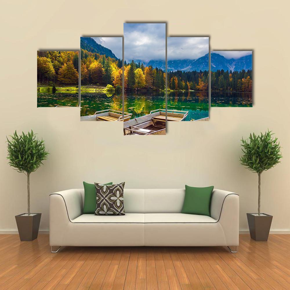 Boats On Lago De Fusine Canvas Wall Art-5 Star-Gallery Wrap-62" x 32"-Tiaracle