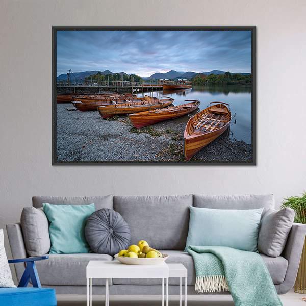 Boats On Shore Canvas Wall Art-1 Piece-Floating Frame-24" x 16"-Tiaracle