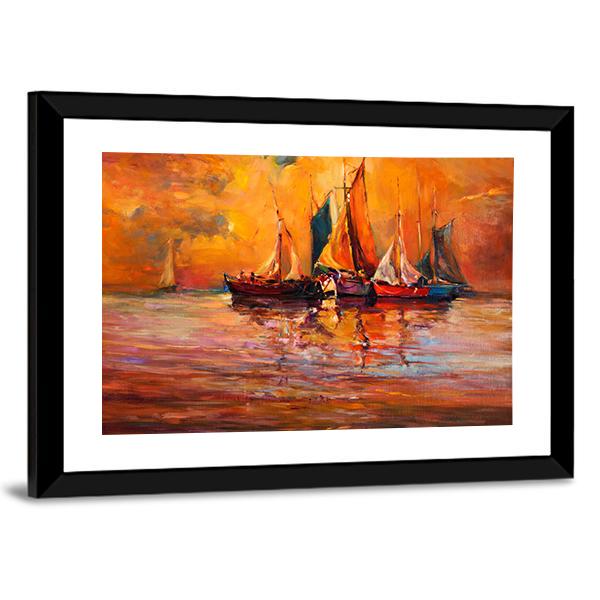 Boats & Sea Illustration Canvas Wall Art-5 Horizontal-Gallery Wrap-22" x 12"-Tiaracle