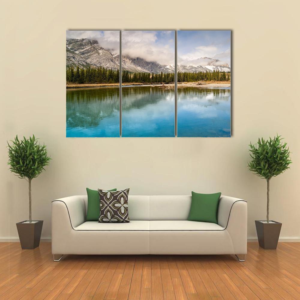 River & Mount Yamnuska Canvas Wall Art-3 Horizontal-Gallery Wrap-37" x 24"-Tiaracle