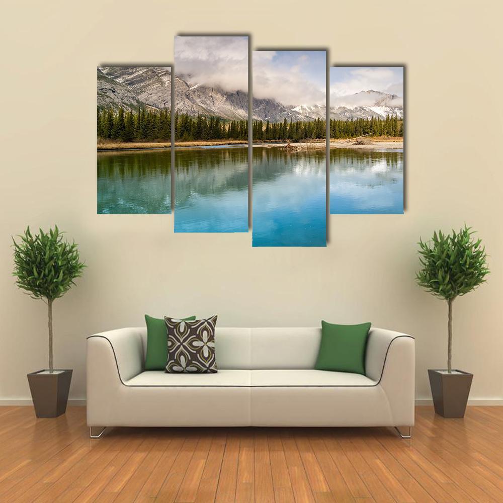 River & Mount Yamnuska Canvas Wall Art-4 Pop-Gallery Wrap-50" x 32"-Tiaracle