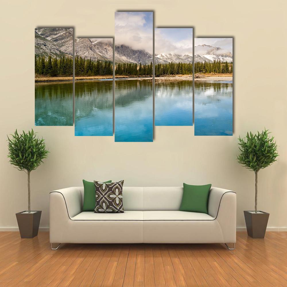 River & Mount Yamnuska Canvas Wall Art-5 Pop-Gallery Wrap-47" x 32"-Tiaracle