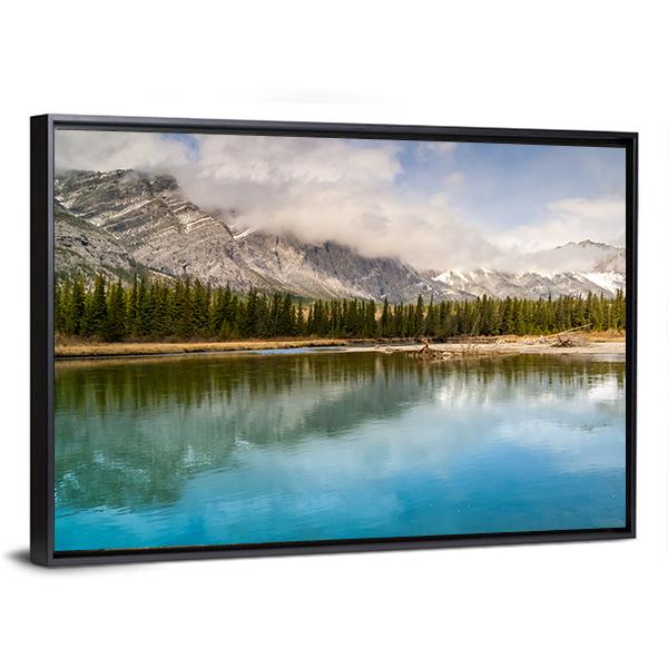 River & Mount Yamnuska Canvas Wall Art-3 Horizontal-Gallery Wrap-25" x 16"-Tiaracle