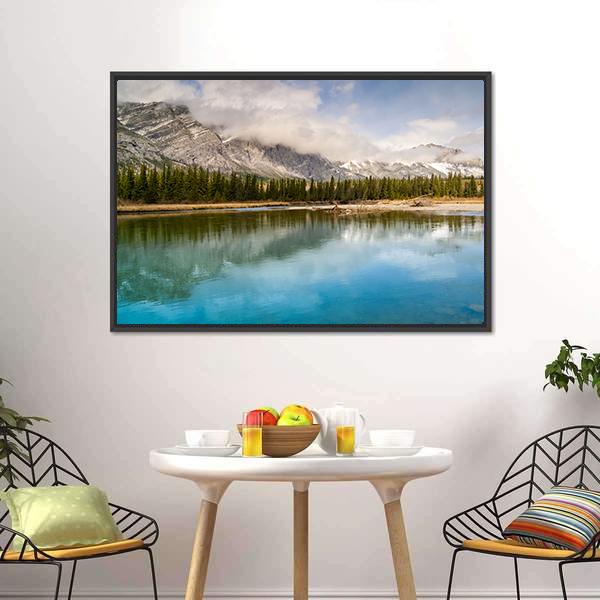 River & Mount Yamnuska Canvas Wall Art-3 Horizontal-Gallery Wrap-25" x 16"-Tiaracle