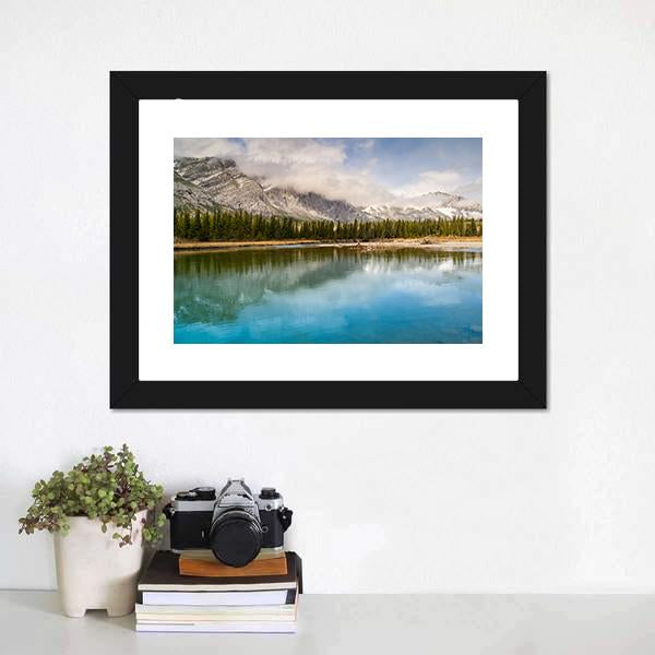 River & Mount Yamnuska Canvas Wall Art-1 Piece-Framed Print-20" x 16"-Tiaracle
