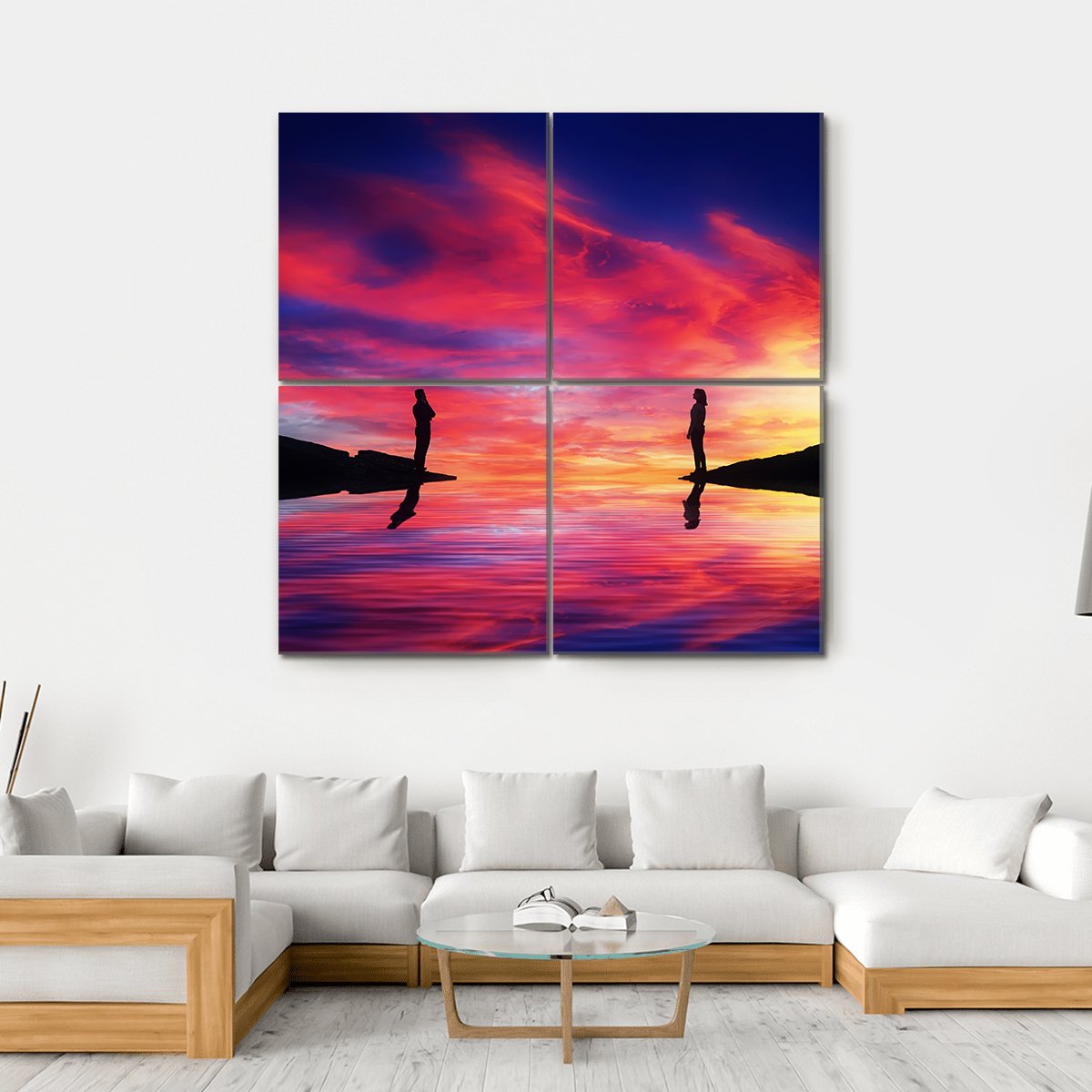 Boy & Girl Stand On Different Sides Of River Canvas Wall Art-4 Square-Gallery Wrap-17" x 17"-Tiaracle