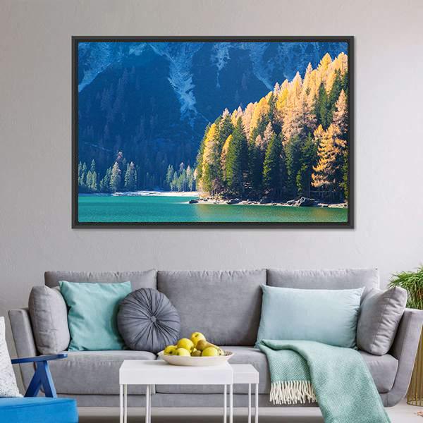 Braies Lake In Autumn Canvas Wall Art-1 Piece-Floating Frame-24" x 16"-Tiaracle