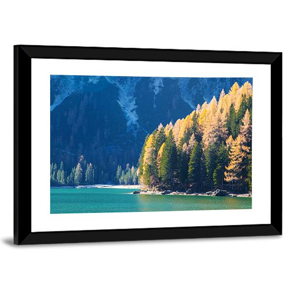 Braies Lake In Autumn Vertical Canvas Wall Art-3 Vertical-Gallery Wrap-12" x 25"-Tiaracle