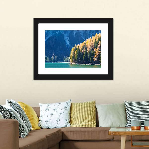 Braies Lake In Autumn Vertical Canvas Wall Art-3 Vertical-Gallery Wrap-12" x 25"-Tiaracle