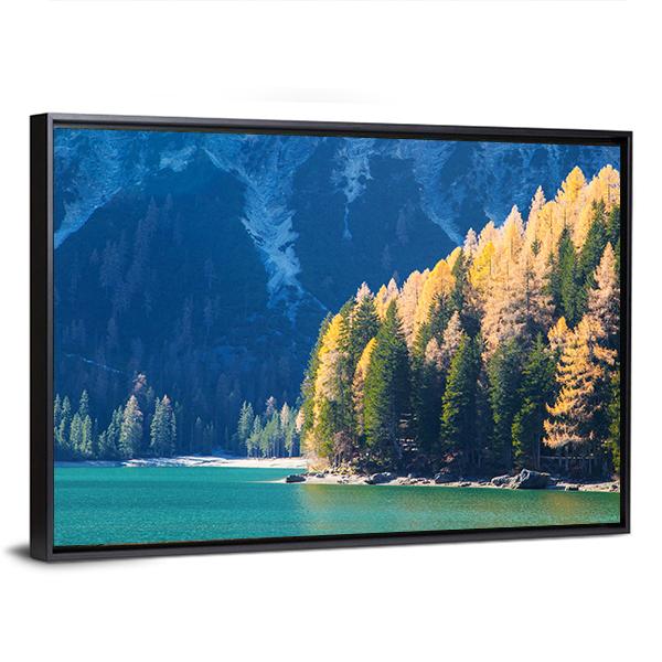 Braies Lake In Autumn Vertical Canvas Wall Art-3 Vertical-Gallery Wrap-12" x 25"-Tiaracle