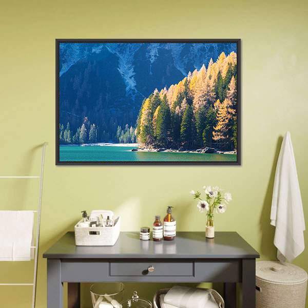 Braies Lake In Autumn Vertical Canvas Wall Art-3 Vertical-Gallery Wrap-12" x 25"-Tiaracle