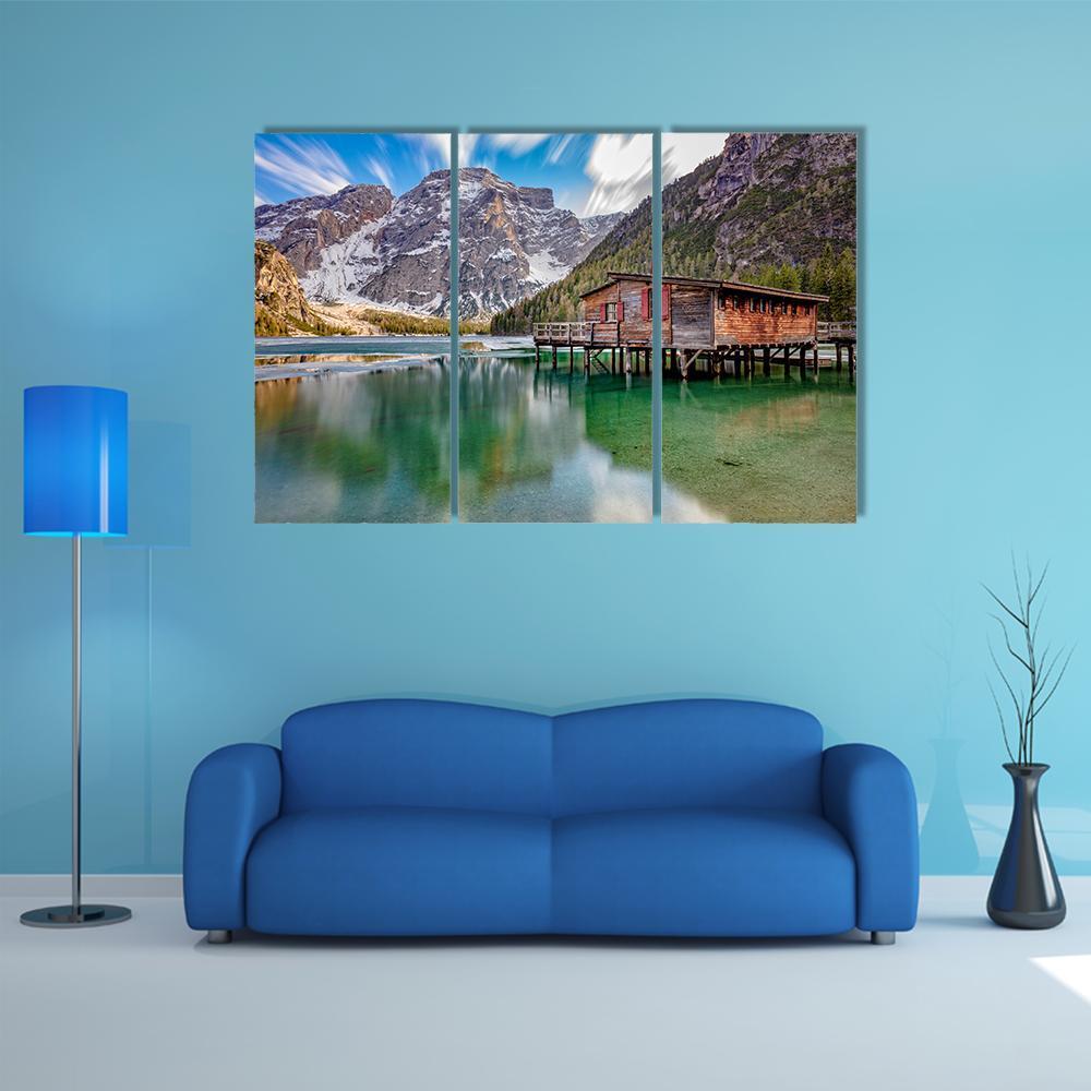 Braies Lake On Italian Alps Canvas Wall Art-3 Horizontal-Gallery Wrap-37" x 24"-Tiaracle