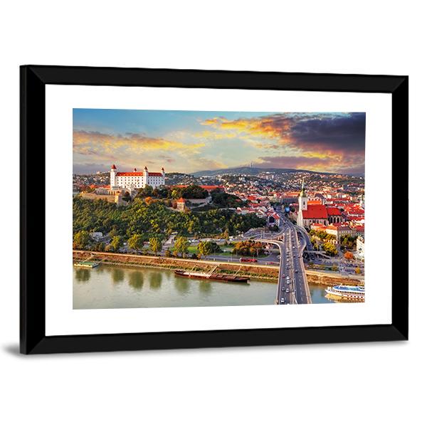 Bratislava At Sunset Canvas Wall Art-3 Horizontal-Gallery Wrap-25" x 16"-Tiaracle