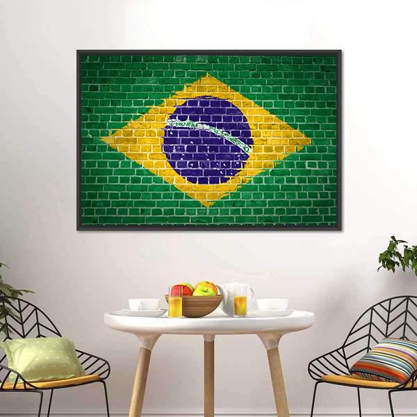 Brazil Flag On Brick Wall Canvas Wall Art-3 Horizontal-Gallery Wrap-25" x 16"-Tiaracle