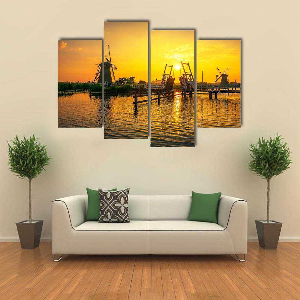 Bridge & Old Windmills Canvas Wall Art-4 Pop-Gallery Wrap-50" x 32"-Tiaracle