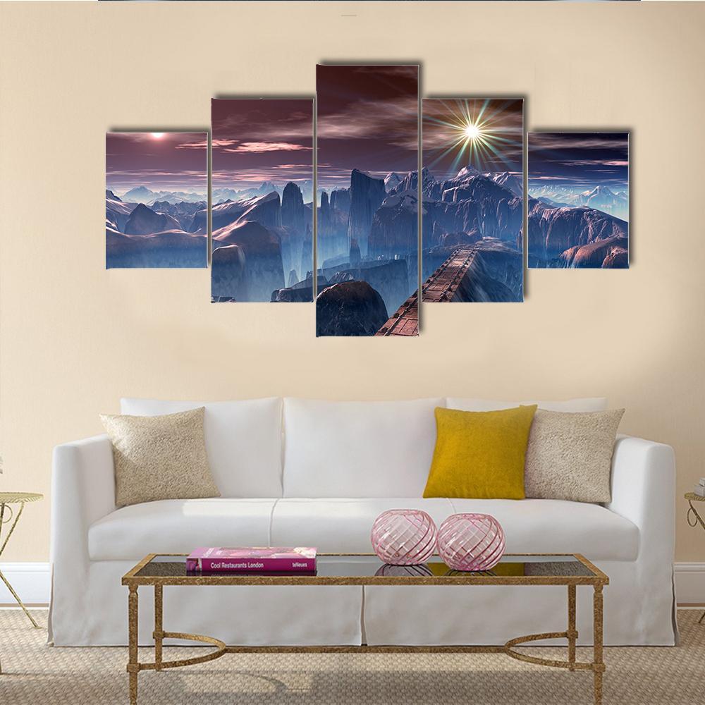 Bridge Over Alien Planet Canvas Wall Art-5 Star-Gallery Wrap-62" x 32"-Tiaracle