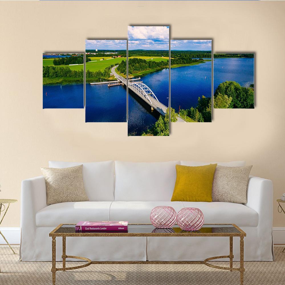 Bridge Over Blue Lake Finland Canvas Wall Art-5 Star-Gallery Wrap-62" x 32"-Tiaracle