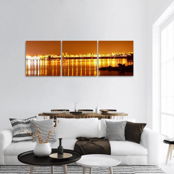 Bridge Over Wisla At Night Panoramic Canvas Wall Art-3 Piece-25" x 08"-Tiaracle