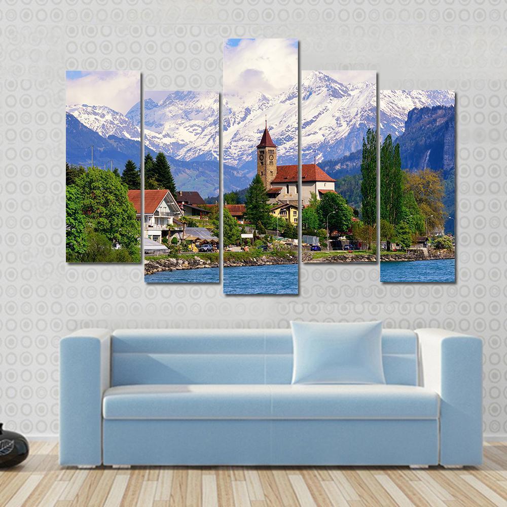 Brienz Town At Lake Switzerland Canvas Wall Art-5 Pop-Gallery Wrap-47" x 32"-Tiaracle