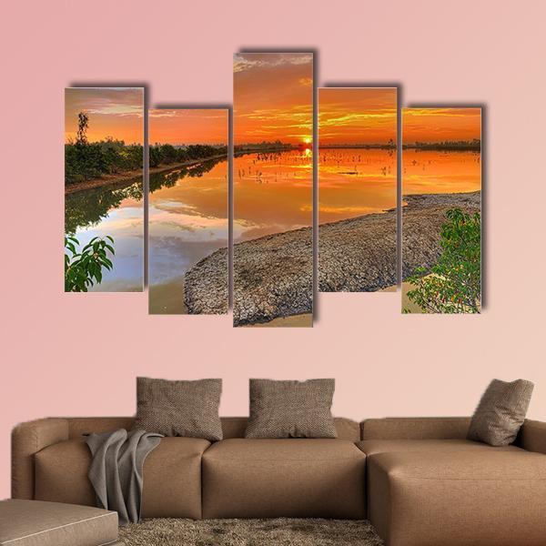 Sunrise Across A River India Canvas Wall Art-5 Pop-Gallery Wrap-47" x 32"-Tiaracle