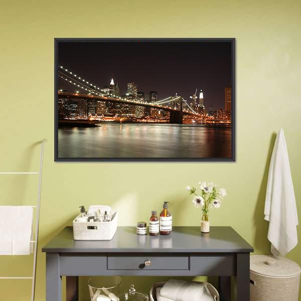 Night View Of Manhattan Skyline Canvas Wall Art-3 Horizontal-Gallery Wrap-25" x 16"-Tiaracle