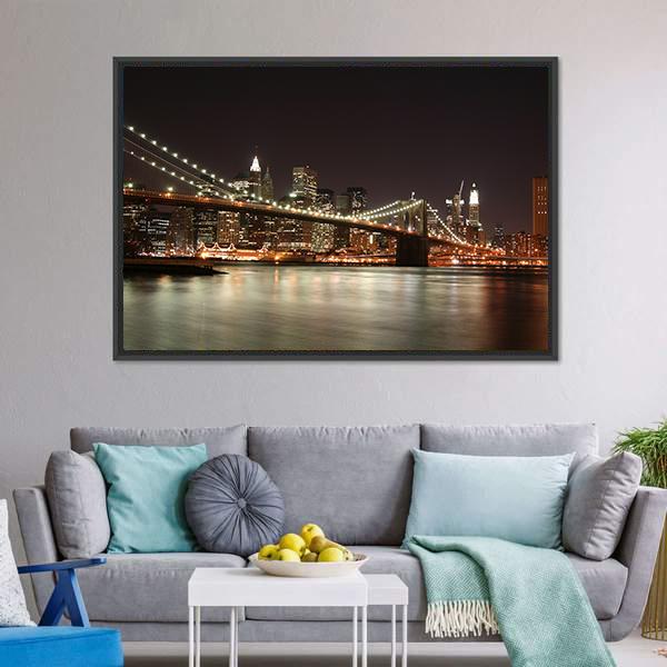 Night View Of Manhattan Skyline Canvas Wall Art-1 Piece-Floating Frame-24" x 16"-Tiaracle