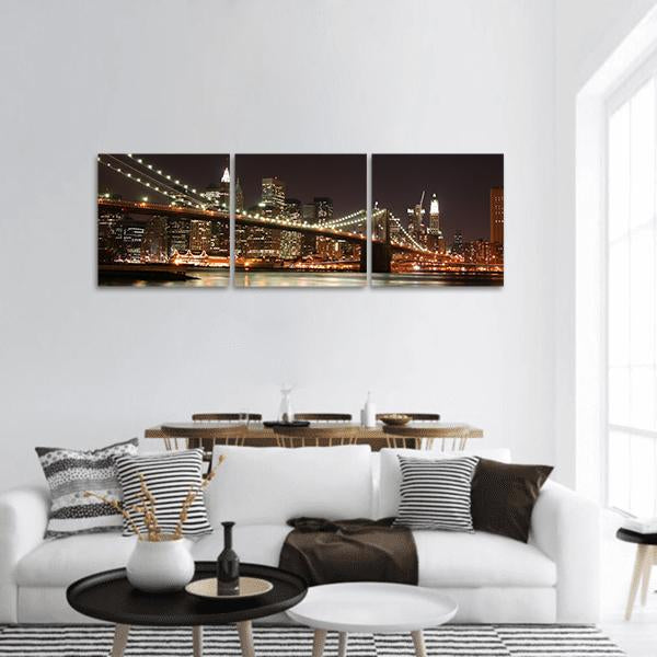 Night View Of Manhattan Skyline Panoramic Canvas Wall Art-3 Piece-25" x 08"-Tiaracle