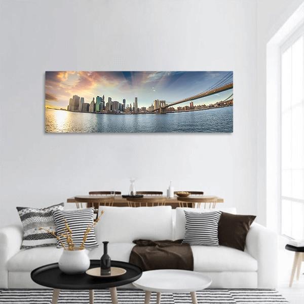 Brooklyn Bridge In Winter Panoramic Canvas Wall Art-1 Piece-36" x 12"-Tiaracle