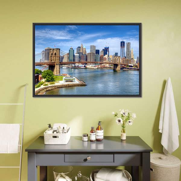 Brooklyn Bridge Lower Manhattan Canvas Wall Art-5 Horizontal-Gallery Wrap-22" x 12"-Tiaracle