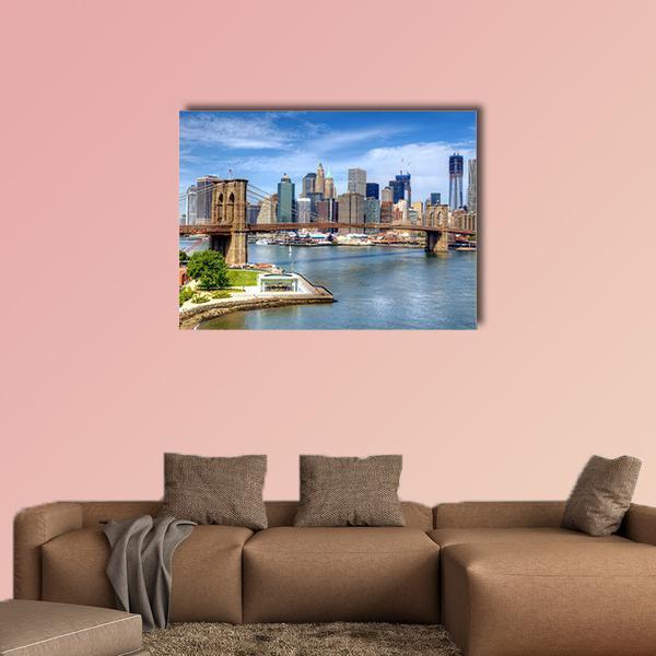 Brooklyn Bridge Lower Manhattan Canvas Wall Art-1 Piece-Gallery Wrap-36" x 24"-Tiaracle