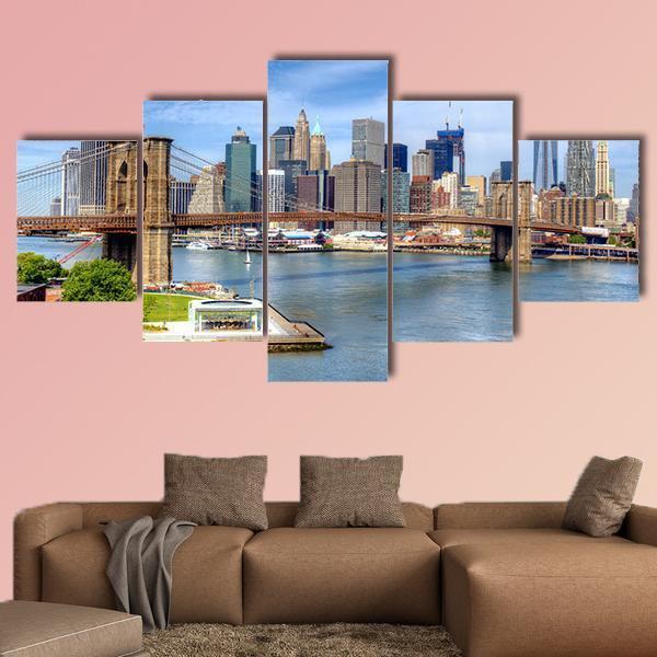 Brooklyn Bridge Lower Manhattan Canvas Wall Art-5 Star-Gallery Wrap-62" x 32"-Tiaracle