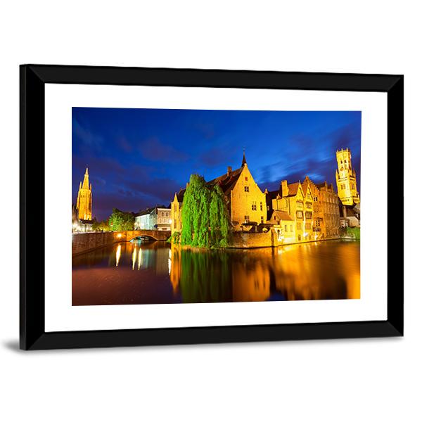 Bruges Town At Night Canvas Wall Art-3 Horizontal-Gallery Wrap-25" x 16"-Tiaracle