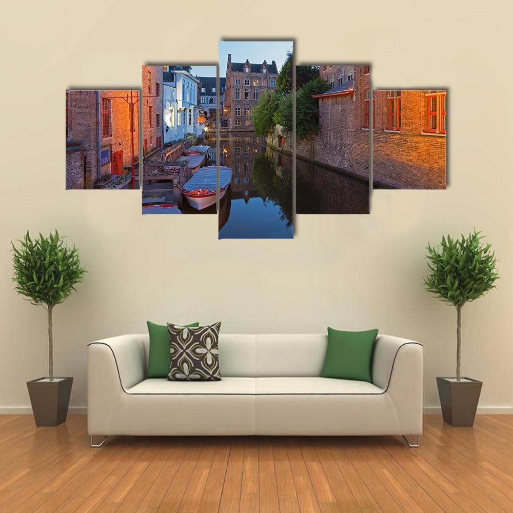 Bruges With Canal Canvas Wall Art-5 Star-Gallery Wrap-62" x 32"-Tiaracle