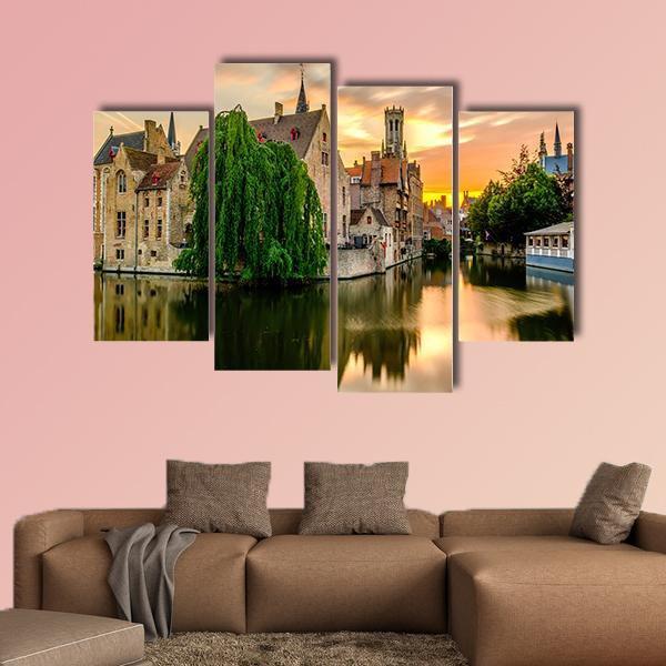 Bruges Cityscape With Canal Canvas Wall Art-4 Pop-Gallery Wrap-50" x 32"-Tiaracle