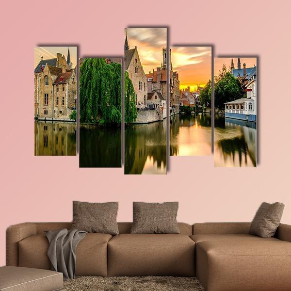 Bruges Cityscape With Canal Canvas Wall Art-5 Pop-Gallery Wrap-47" x 32"-Tiaracle