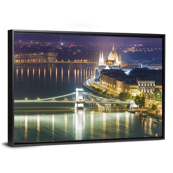 Budapest City At Night Canvas Wall Art-3 Horizontal-Gallery Wrap-25" x 16"-Tiaracle
