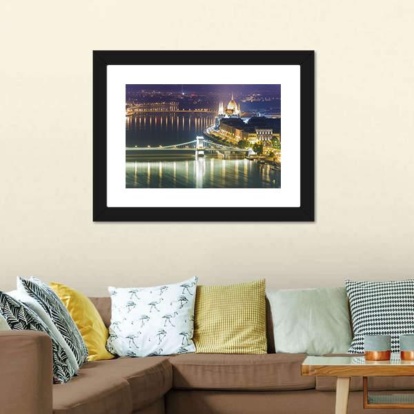 Budapest City At Night Canvas Wall Art-3 Horizontal-Gallery Wrap-25" x 16"-Tiaracle