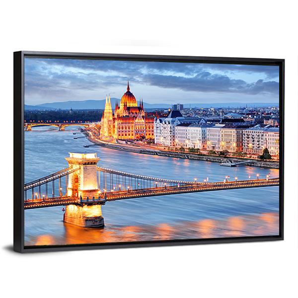 Budapest With Chain Bridge Canvas Wall Art-3 Horizontal-Gallery Wrap-25" x 16"-Tiaracle
