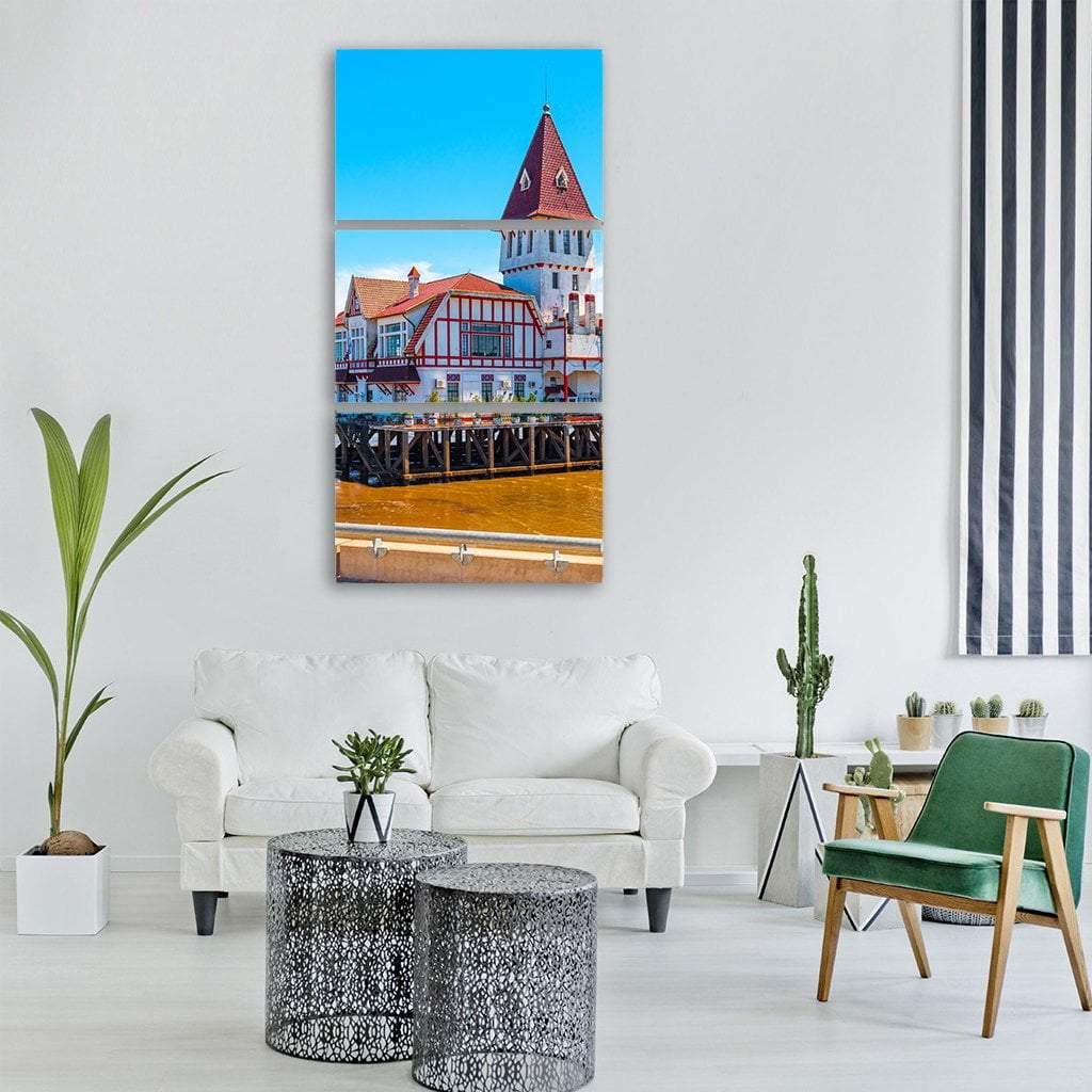 Building & Pier At Shore Vertical Canvas Wall Art-3 Vertical-Gallery Wrap-12" x 25"-Tiaracle