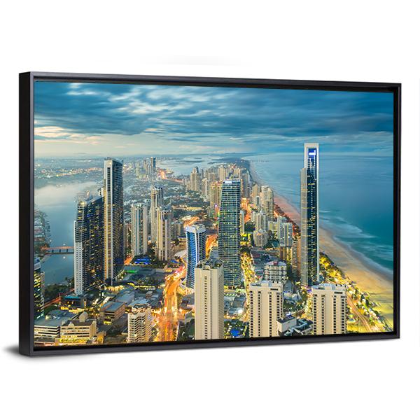 Buildings At Riverside Canvas Wall Art-3 Horizontal-Gallery Wrap-25" x 16"-Tiaracle