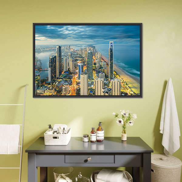 Buildings At Riverside Canvas Wall Art-3 Horizontal-Gallery Wrap-25" x 16"-Tiaracle