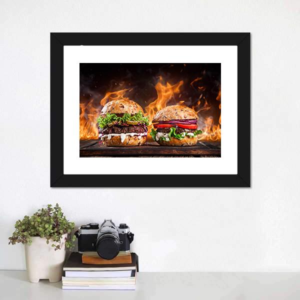 Burgers With Fire Flames Canvas Wall Art-1 Piece-Framed Print-20" x 16"-Tiaracle