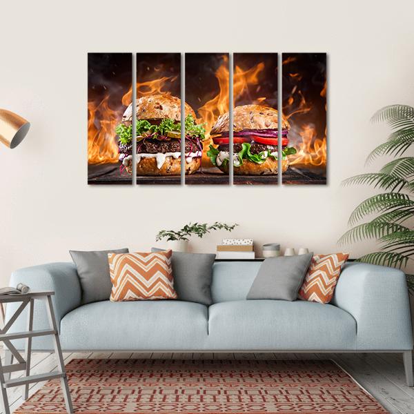 Burgers With Fire Flames Canvas Wall Art-5 Horizontal-Gallery Wrap-22" x 12"-Tiaracle