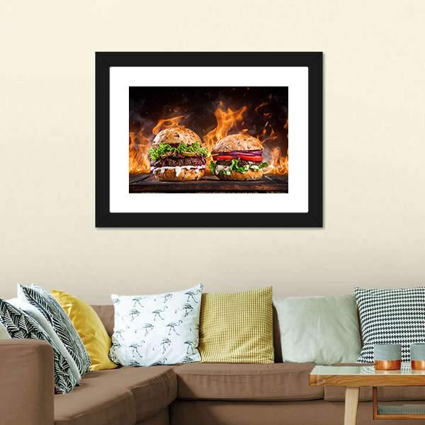 Burgers With Fire Flames Canvas Wall Art-3 Horizontal-Gallery Wrap-25" x 16"-Tiaracle